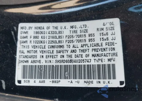 2004 Honda Cr-V Lx из США, поврежденный, VIN SHSRD68464U205747